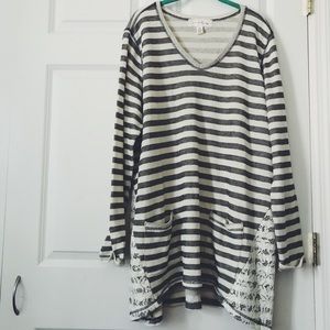 French Laundry Cream & Black Strip Lace Sweatshirt